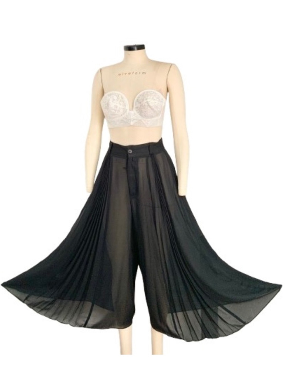 Vintage 90s Sheer See-Through Wide Leg Pleated Black Palazzo Pants S/M 26"-30"